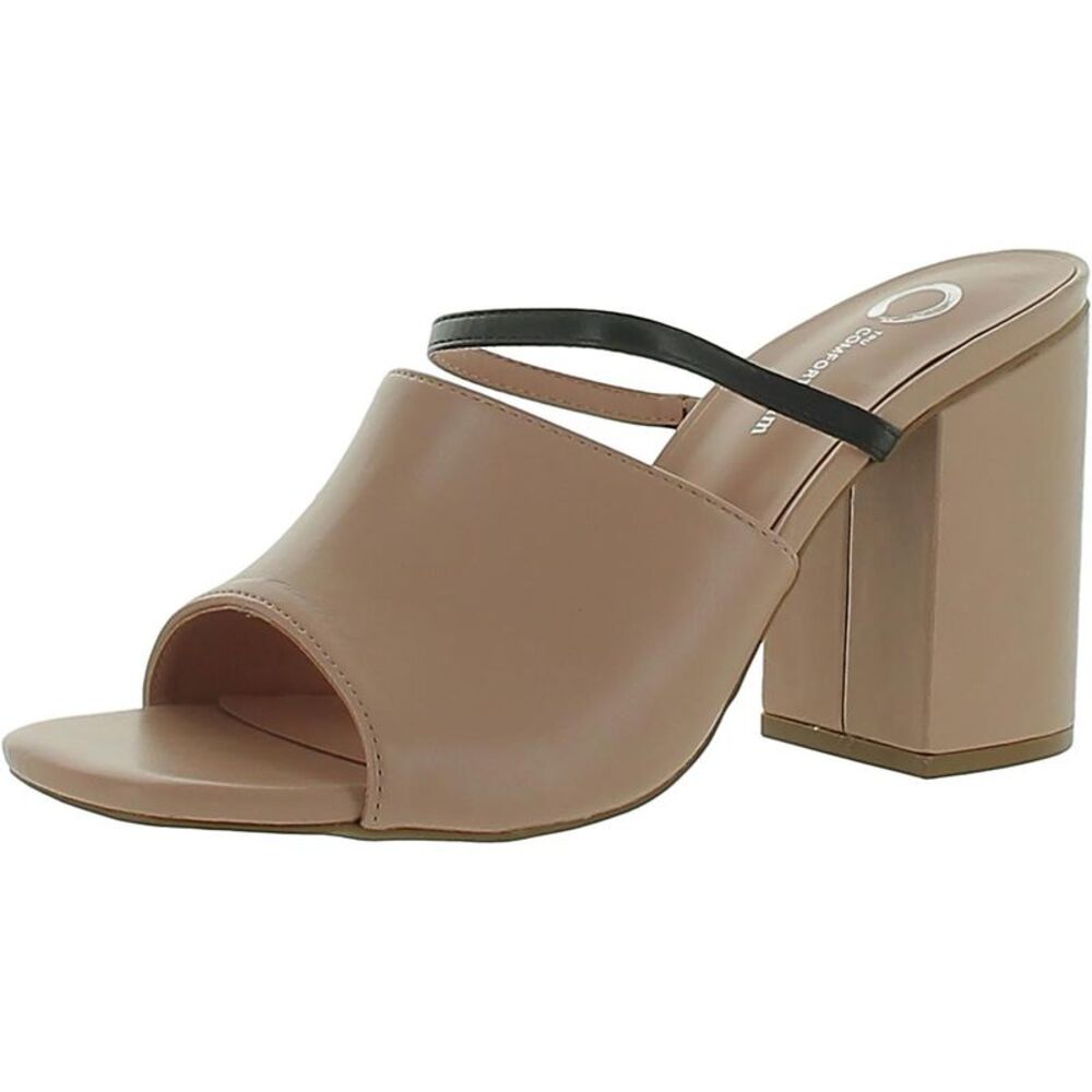 Journee Collection Tan Block Heel Slide Sandals with Black Strap